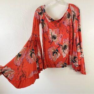 Free People Red Floral Bell Sleeve Top NWOT